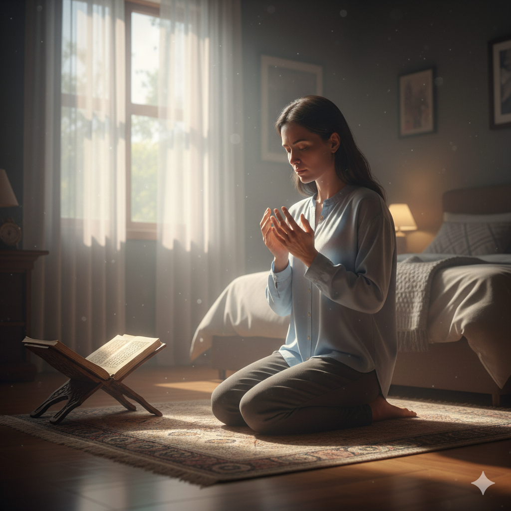 Young girl praying in her bedroom