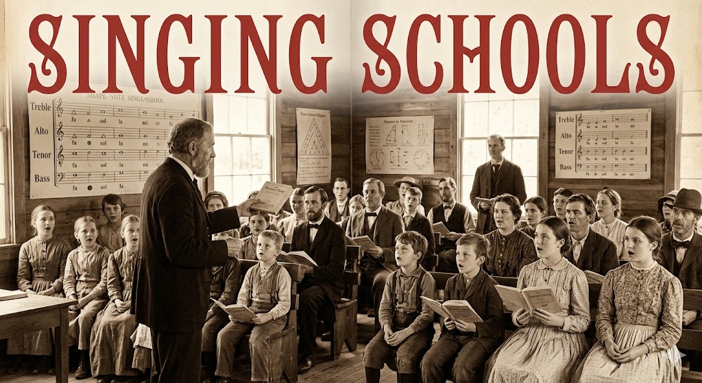 link to videos of singing schools teaching shape notes and 4 part harmony